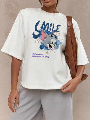 CZC Graphic Print, Cartoon Women Round Neck Reversible White T-Shirt