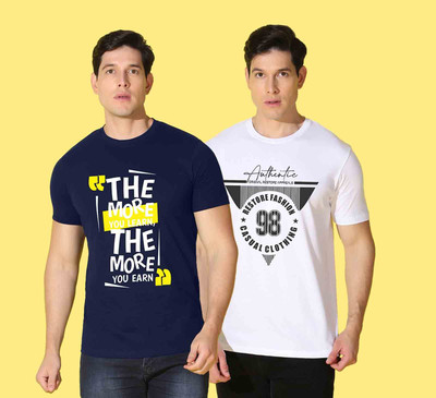 WOOSTRO Printed Men Round Neck Blue, White T-Shirt