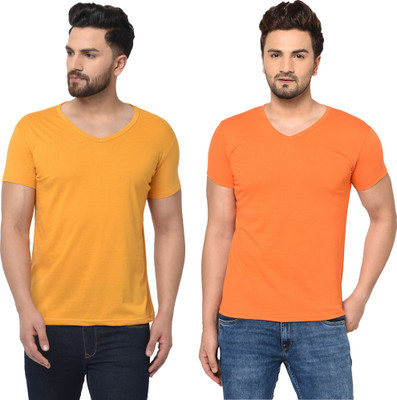 Tresna Trendy Solid Men V Neck Yellow, Orange T-Shirt