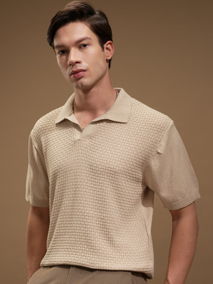 HIGHLANDER Self Design Men Polo Neck Beige T-Shirt