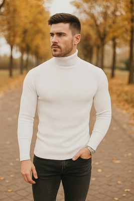 clothyy Striped Men High Neck White T-Shirt