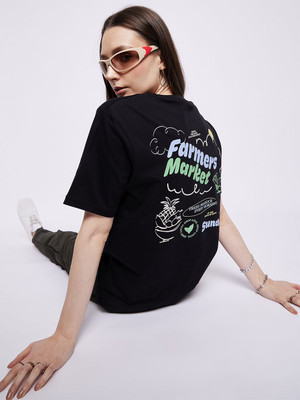 Mast & Harbour Printed Women Round Neck Black T-Shirt