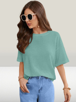 Blludart Self Design Women Round Neck Green T-Shirt