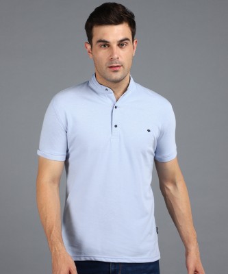 Alan Jones Solid Men Mandarin Collar Light Blue T-Shirt