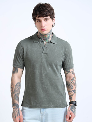 Glitchez Graphic Print Men Polo Neck Dark Green T-Shirt