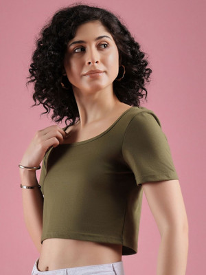 Dressberry Solid Women Scoop Neck Green T-Shirt