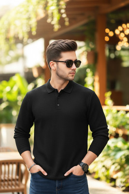 Siya Fashion Solid Men Polo Neck Black T-Shirt