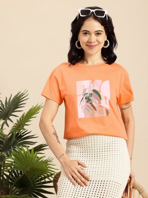 Mast & Harbour Printed Women Round Neck Orange T-Shirt