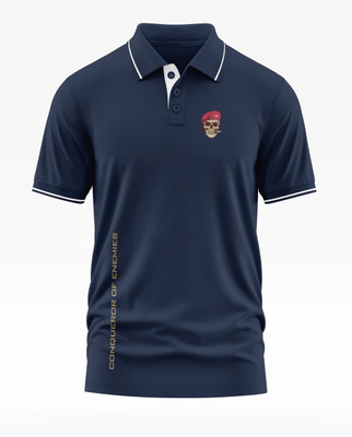 Warriorworld Solid Men Polo Neck Navy Blue T-Shirt