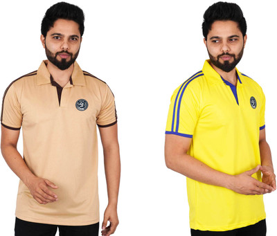 La Milano Printed Men Polo Neck Yellow, Brown T-Shirt