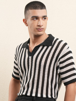 HIGHLANDER Striped Men Polo Neck White T-Shirt