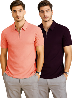 RMLKN Self Design Men Zip Neck Multicolor, Maroon T-Shirt