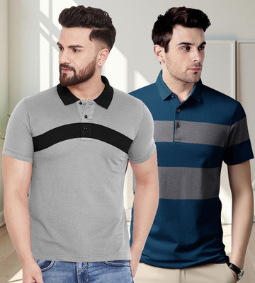 BELACHY Colorblock Men Polo Neck Grey T-Shirt