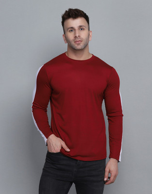 SEJAS Colorblock Men Round Neck Maroon T-Shirt