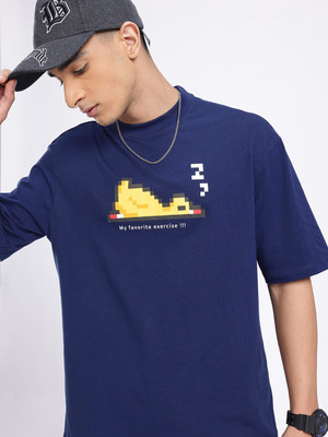 Glitchez Printed Men Round Neck Blue T-Shirt