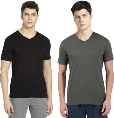 JOCKEY Solid Men V Neck Black, Grey T-Shirt