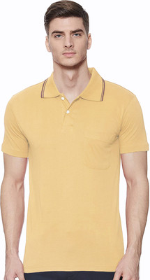 Bumchums Solid Men Polo Neck Beige T-Shirt