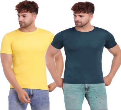 KASPY Solid Men Round Neck Dark Blue, Yellow T-Shirt