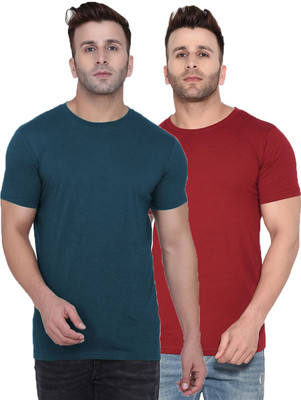 Kroptee Solid Men Round Neck Blue, Maroon T-Shirt