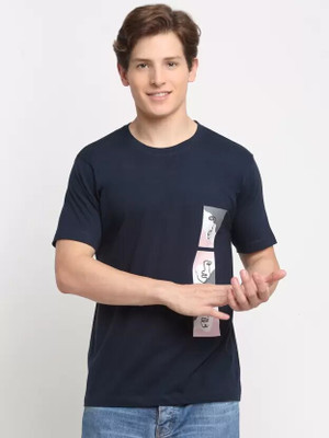 SPOWEARY Printed Men Round Neck Navy Blue, Multicolor T-Shirt