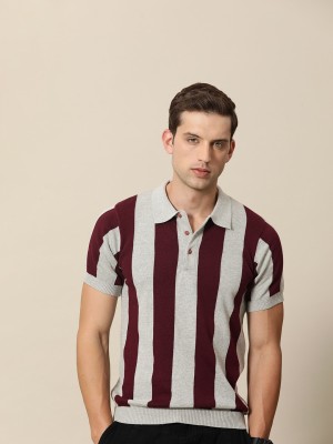 Mr Bowerbird Striped Men Polo Neck Maroon, Grey T-Shirt