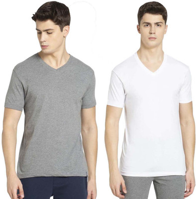 JOCKEY Solid Men V Neck Grey, White T-Shirt