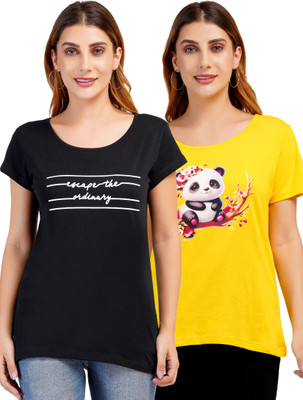 Romaisa Printed Women Round Neck Reversible Black, Yellow T-Shirt