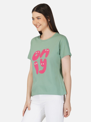 HouseOfCommon Printed Women Round Neck Light Green T-Shirt