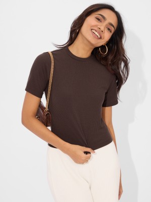 The Souled Store Solid Women Round Neck Brown T-Shirt