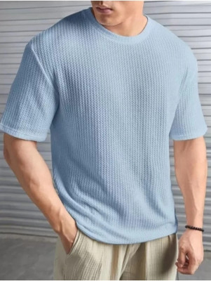Makkar Self Design Men Round Neck Light Blue T-Shirt