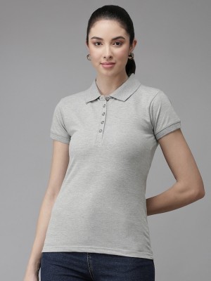 Bharatiya Solid Women Polo Neck Grey T-Shirt