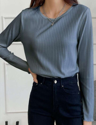 StreetWardrobe Self Design Women Round Neck Blue T-Shirt