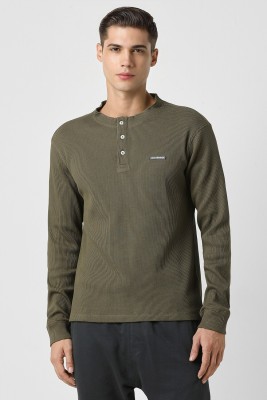 VAN HEUSEN Self Design Men Henley Neck Green T-Shirt