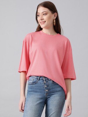 KOTTY Solid Women Round Neck Pink T-Shirt