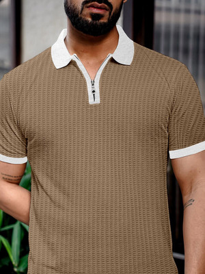 Petromen Solid Men Zip Neck Brown T-Shirt