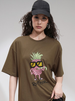 Tokyo Talkies Printed Women Round Neck Brown T-Shirt