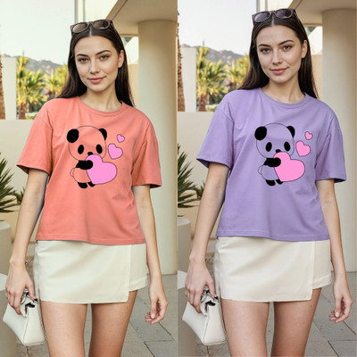 Herway Printed Women Round Neck Pink, Purple T-Shirt