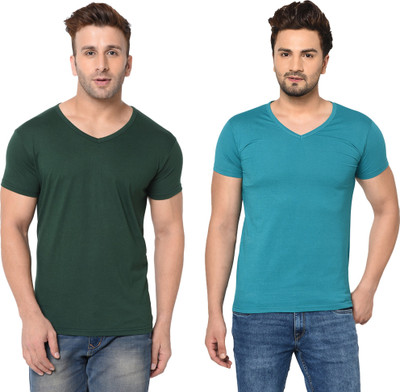 Moordale Fab Solid Men V Neck Green, Blue T-Shirt