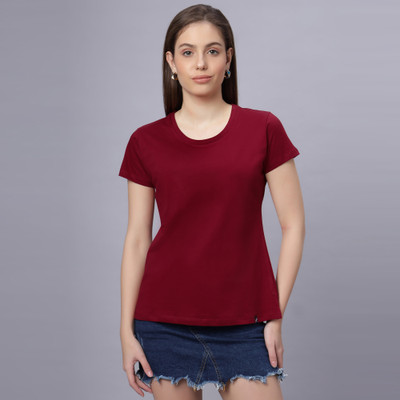 QUIRA Solid Women Round Neck Red T-Shirt