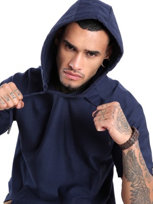 WROGN Solid Men Hooded Neck Blue T-Shirt