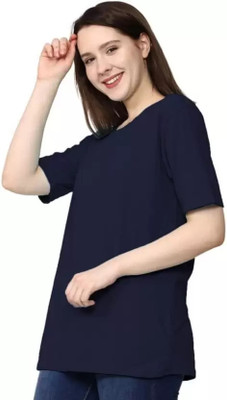 Lasmo Solid Women Round Neck Navy Blue T-Shirt