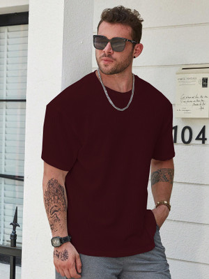 Leriya Fashion Solid Men Round Neck Maroon T-Shirt