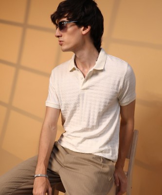 CAMPUS SUTRA Self Design Men Polo Neck Beige T-Shirt