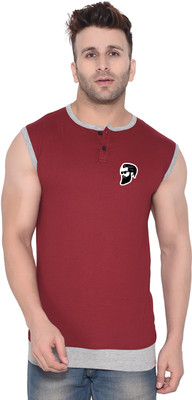GEUM Self Design Men Henley Neck Maroon T-Shirt