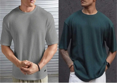 BOOM BAAM Self Design Men Round Neck Grey, Green T-Shirt
