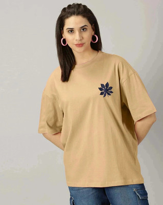 ALONE EAGLE Printed Women Round Neck Gold T-Shirt