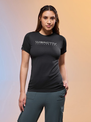TECHNOSPORT Solid Women Round Neck Black T-Shirt