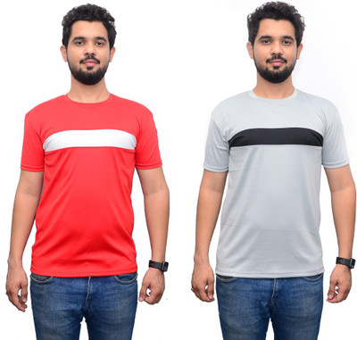 Maleno Colorblock Men Round Neck Red, Grey T-Shirt