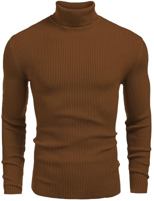 LIME Solid Men High Neck Brown T-Shirt