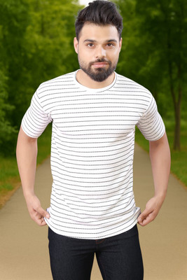 METRONAUT Striped Men Round Neck White T-Shirt